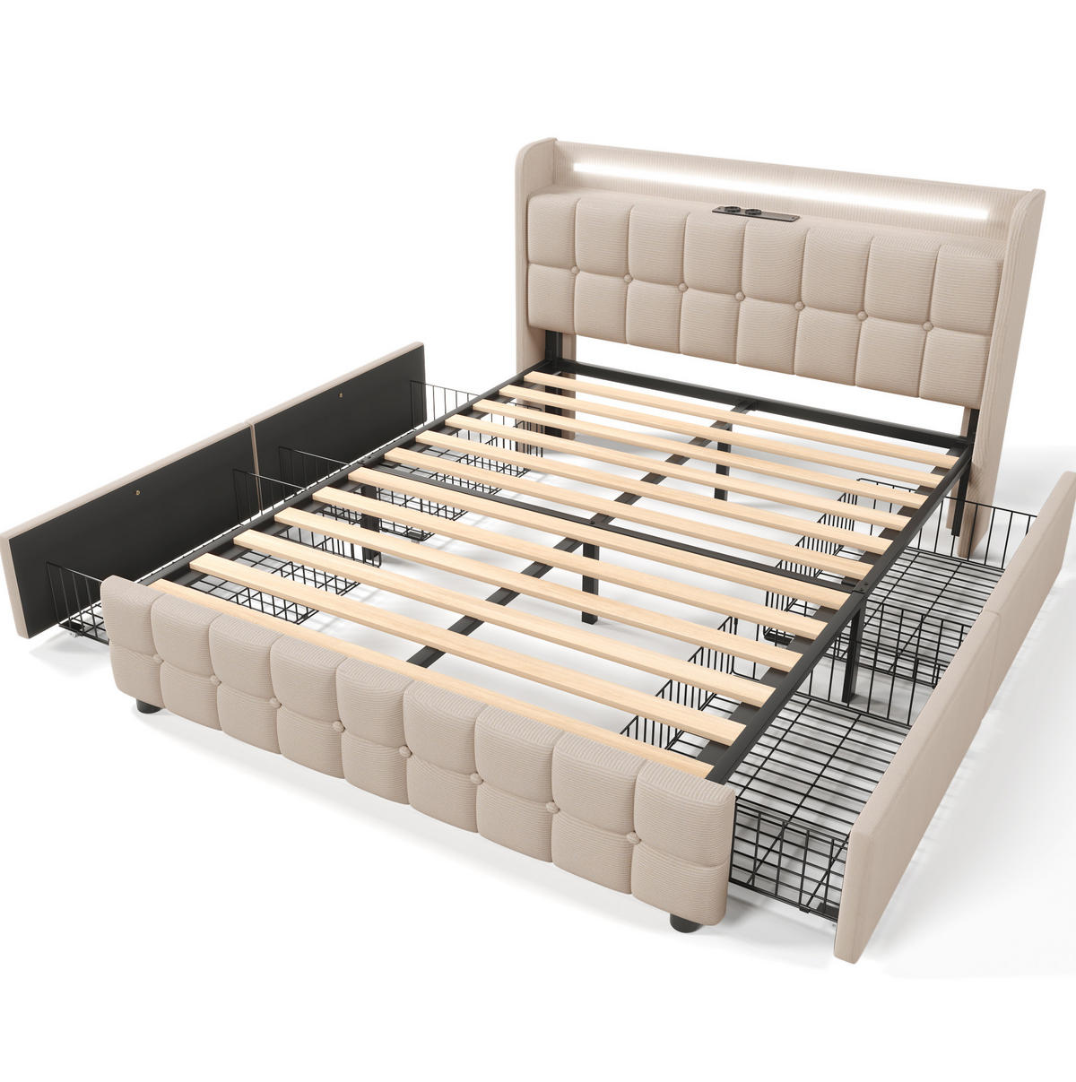 POLSTERBETT 160/200 cm beige aus Holz mit LED, USB, Steckdosen und Matratze - Beige, Holzwerkstoff (160/200cm) - OKWISH