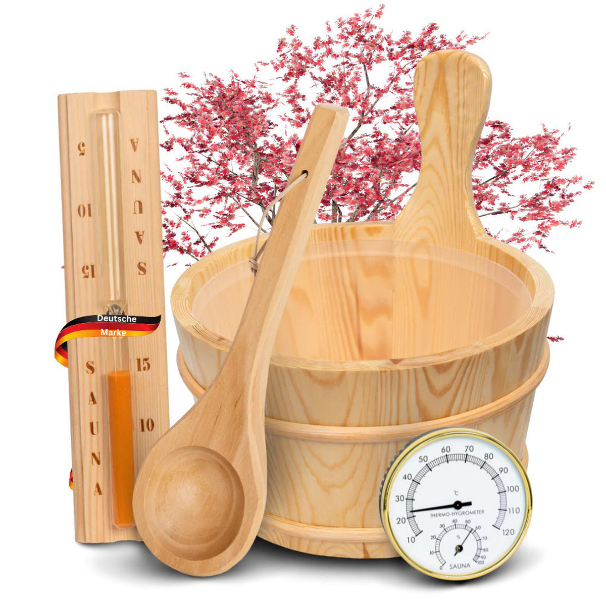 SAUNAZUBEHÖR Saunaeimer mit Kelle 4-tlg. Saunakübel Sanduhr & Thermometer - Braun, Holz (25/38/25cm) - DELUKE