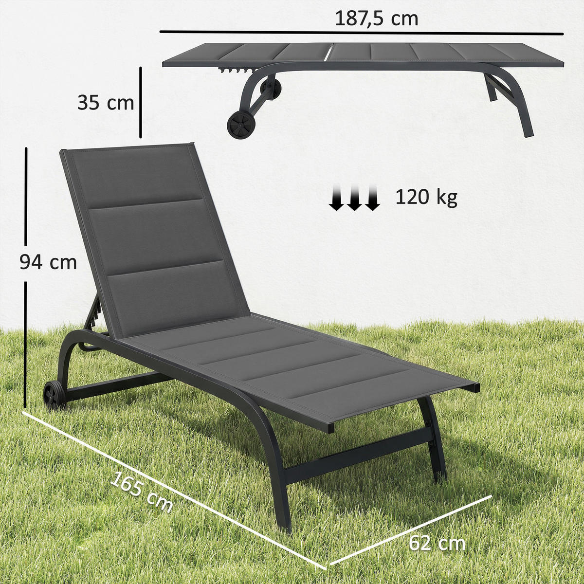 SONNENLIEGE Atmungsaktive Gartenliege mit 6-fach Verstellbar Rückenlehne Rädern Aluminiumrahmen Dunkelgrau - Dunkelgrau, Metall (165/94/62cm)