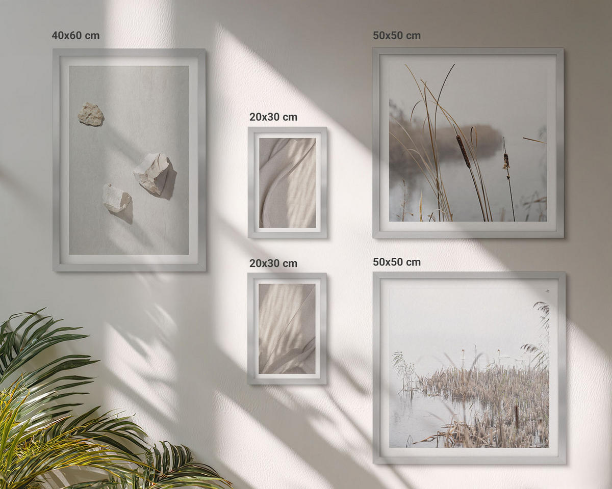 WANDBILDER 5er Set - 50x50 cm & 20x30 cm & 40x60 cm Silberner Rahmen - Nahaufnahmen der Struktur im Boho-Stil - Silberfarben, Kunststoff (40/60cm) - ArtPrintCave