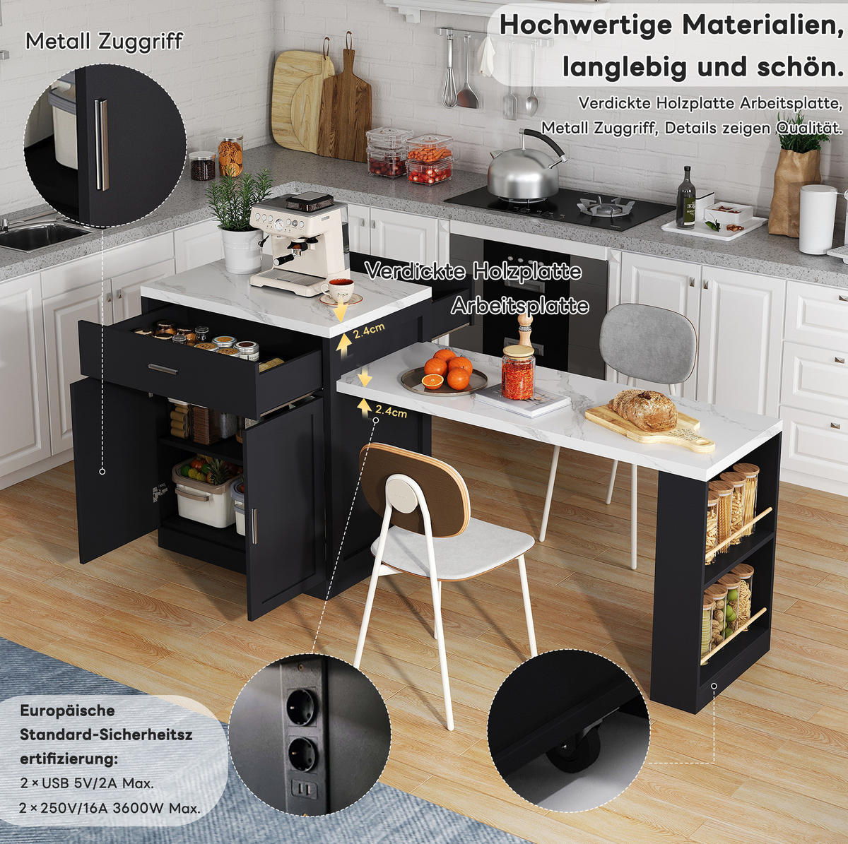 KÜCHENINSEL 211/89,5/55 cm Schwarz aus MDF mit ausziehbarem Esstisch - Schwarz, Holzwerkstoff (55/89.5/211cm) - OKMYHOME