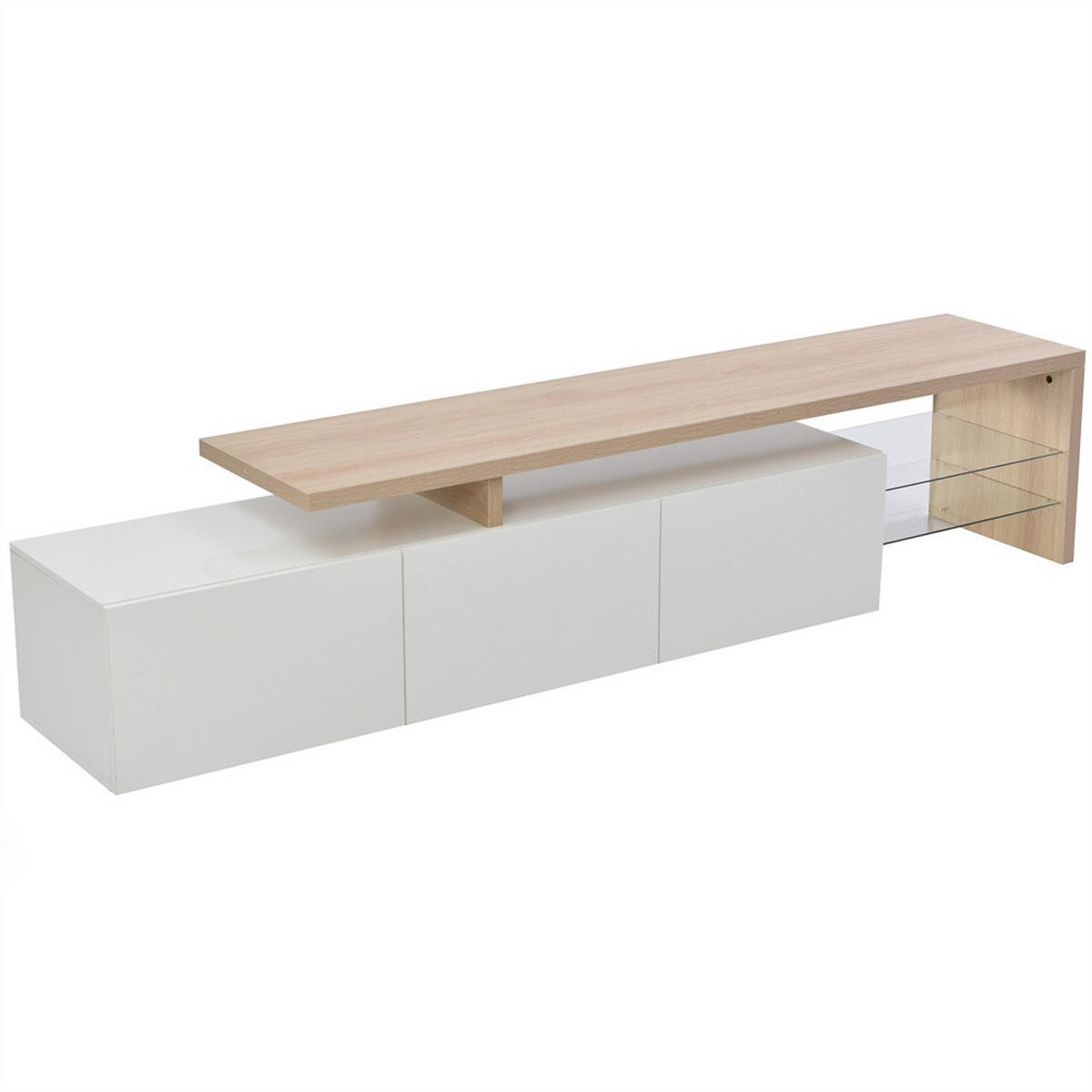 TV-LOWBOARD - TV-Schrank mit LED-Beleuchtung - offenem Glasregal und Stauraum - Weiß+Natur - Weiß, Holzwerkstoff (39/42/200cm) - DELFA