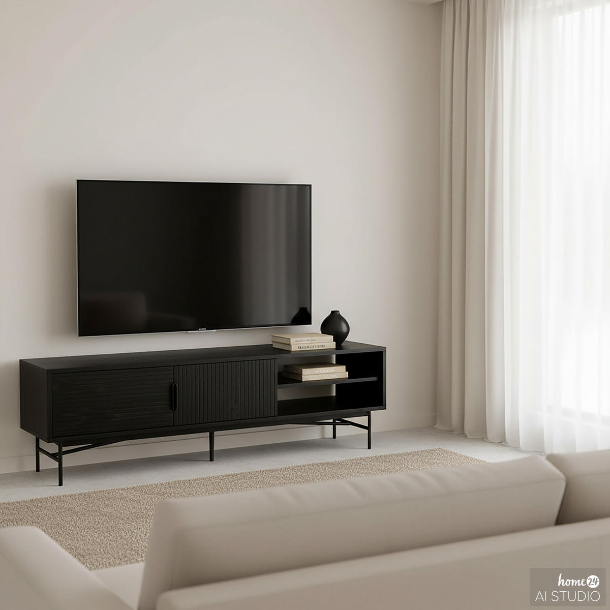 TV-LOWBOARD - Echtholzfurnier - 160 cm - Eichefarben/Schwarz, Holzwerkstoff/Metall (160/50/40cm) - home24