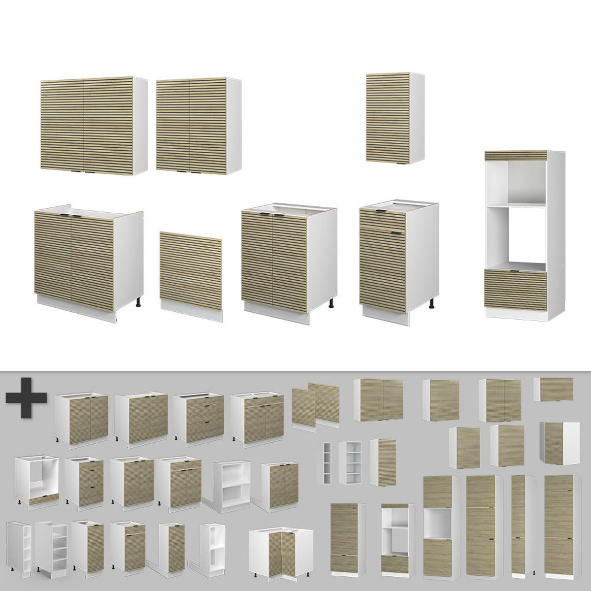 KÜCHENZEILE Fame-Line Eiche Paneel/Weiß 300 cm mit Hochschrank, ohne Arbeitsplatte - Hellbraun/Weiß, Holzwerkstoff (300/81.6/46cm) - Vicco