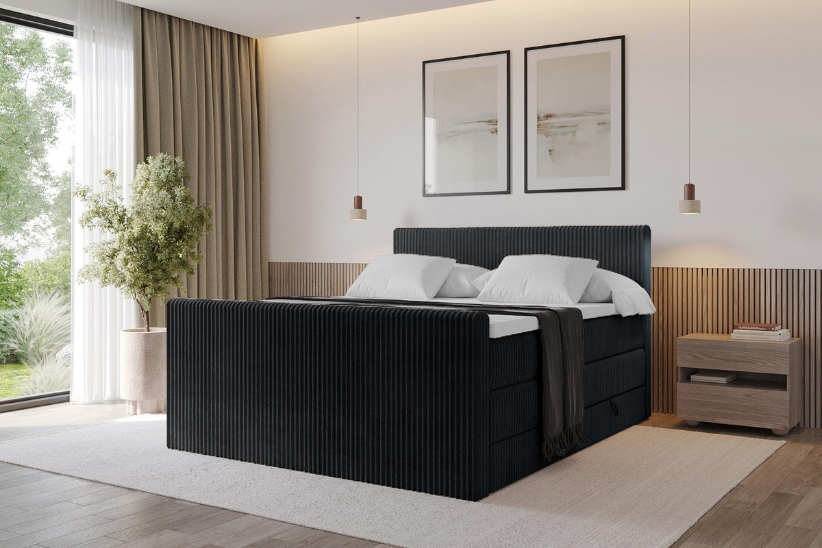 BOXSPRINGBETT mit Matratze H3|H4 und Lattenrost - TOLO-Z KING 200x200 Cord - Schwarz - Schwarz, Holzwerkstoff (200/200cm) - ALTDECOR