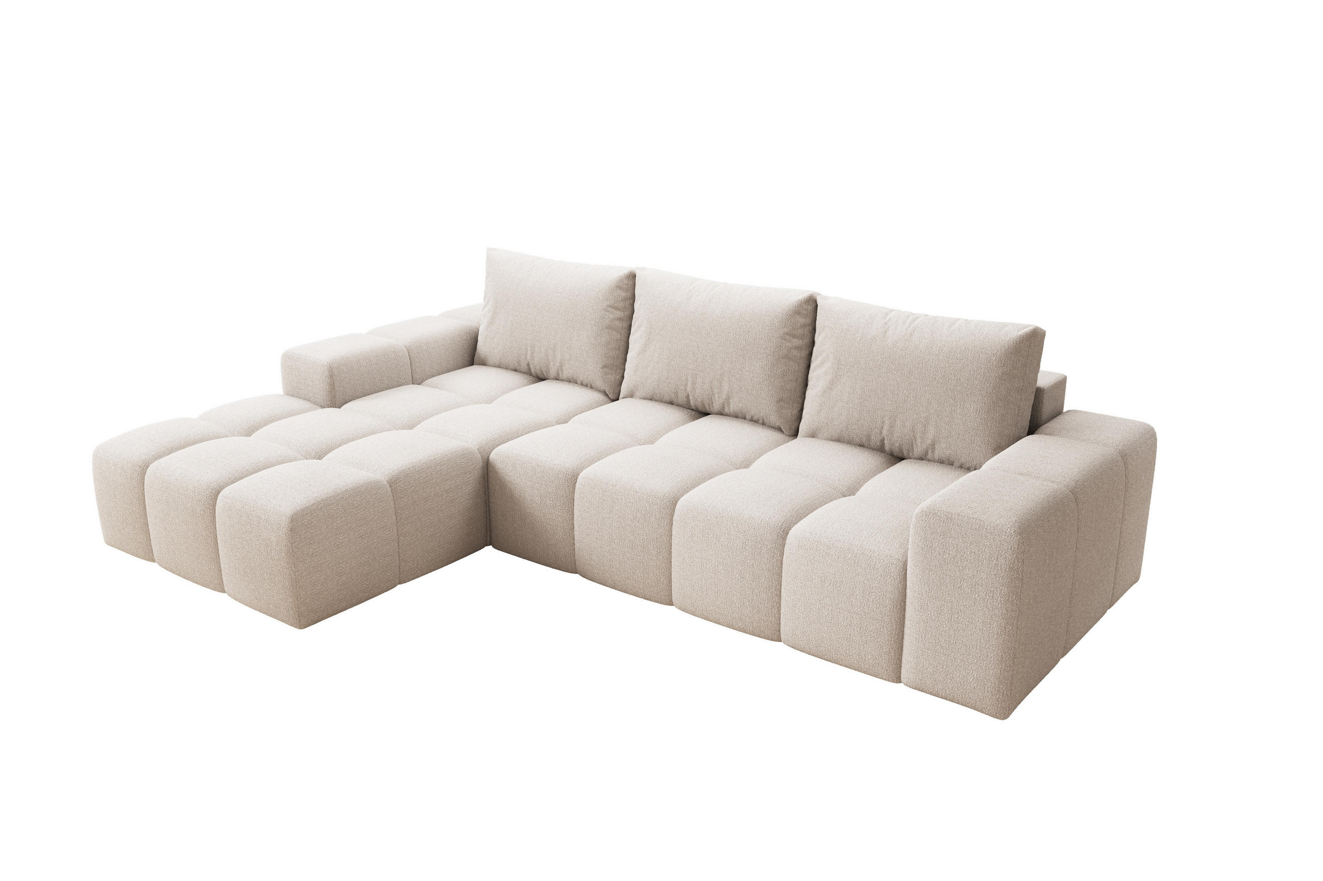 ECKSOFA Cento, L-Form, Ottomane links, Teddy-Bouclé-Stoff, 285x56x180 cm, Beige - Creme, Holz (180/285cm) - PROMETO Möbel