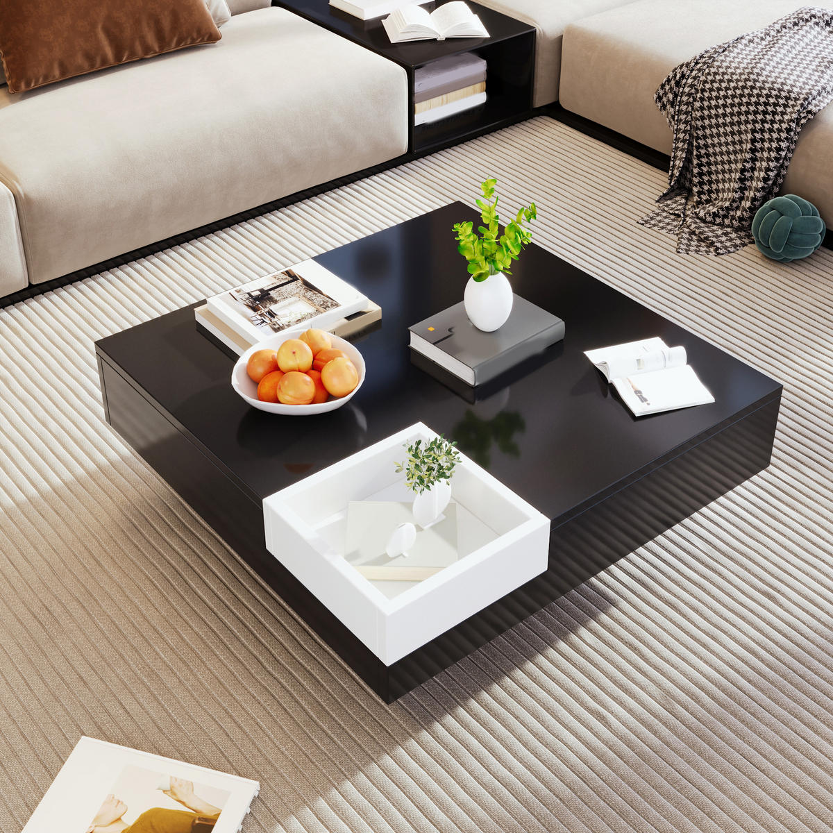 COUCHTISCH 72/72/30 cm Weiß Schwarz Hochglanz mit LED-Licht und Stauraum - Schwarz, Holzwerkstoff (72/72/30cm) - Korfee