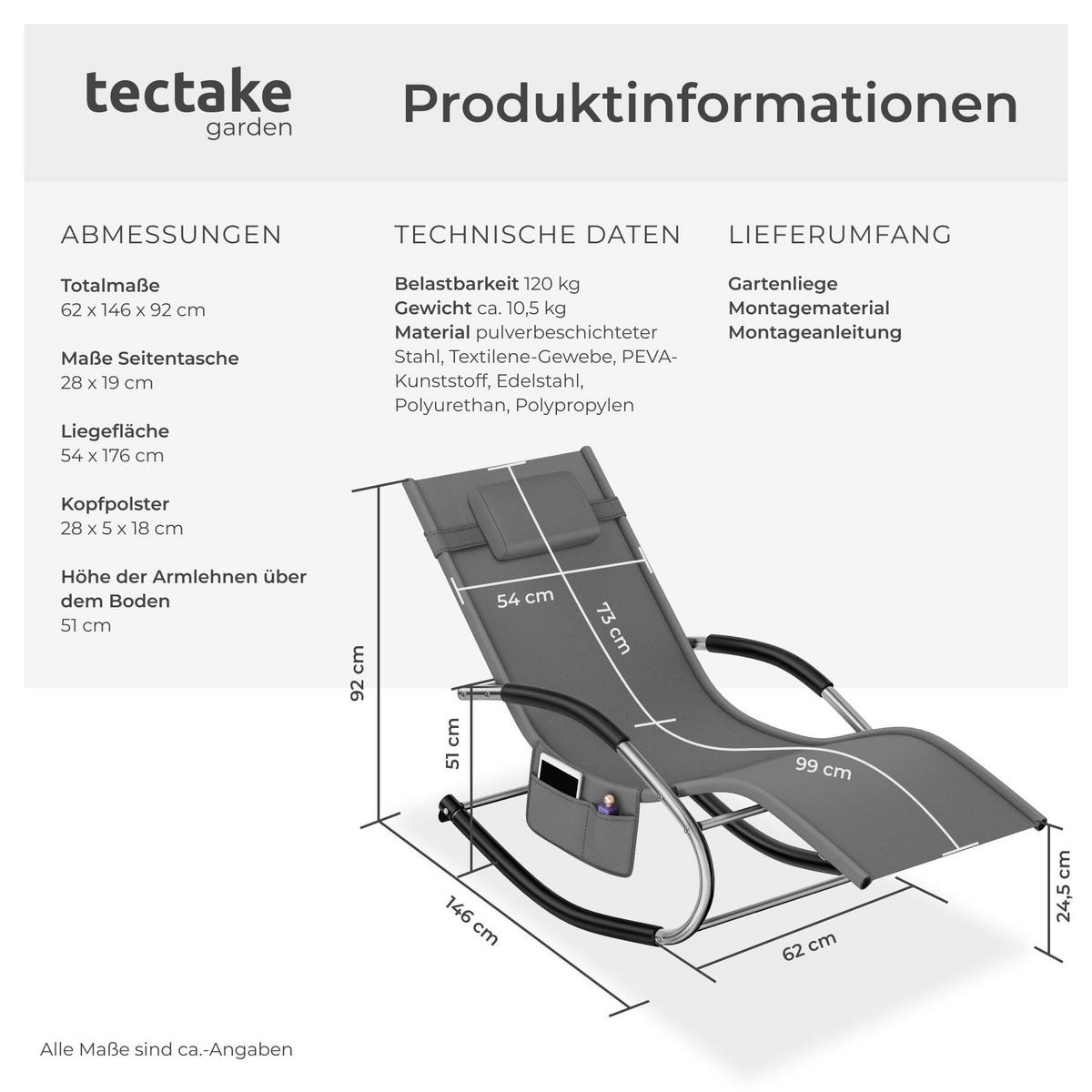 GARTENLIEGE Taya, abnehmbares Kopfpolster, seitliche Aufbewahrungstasche, grau - Grau, Kunststoff (62/92/142cm) - tectake