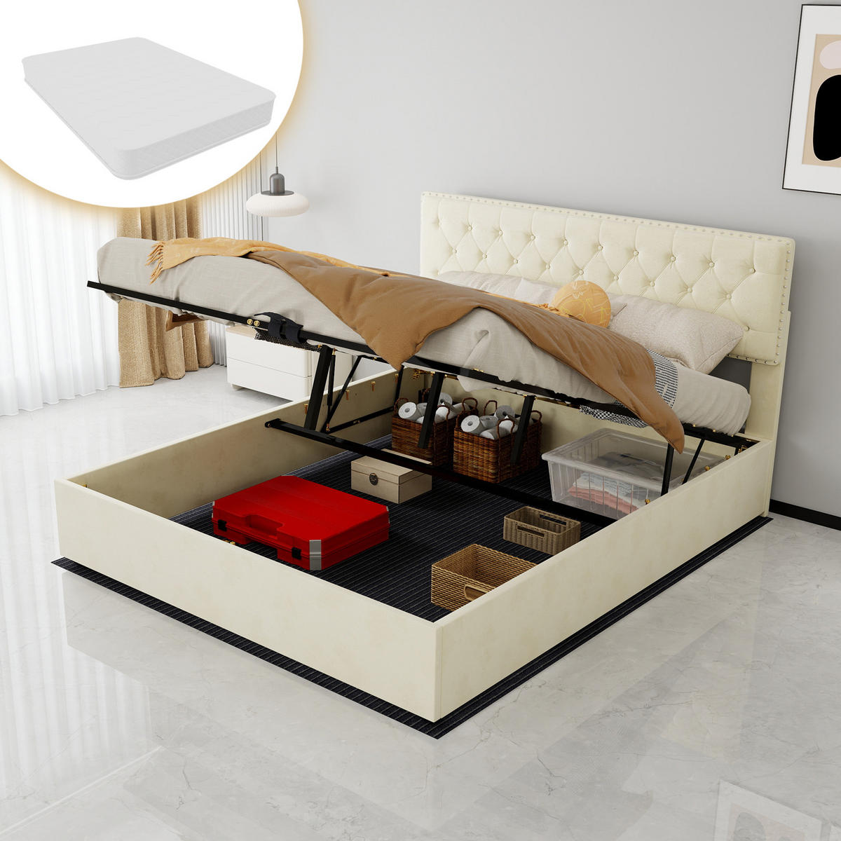 STAURAUMBETT 160/200 cm DE-32967 mit Hydraulik-Stauraum und Matratze Beige - Beige, Metall (160/200cm) - ComfortXL