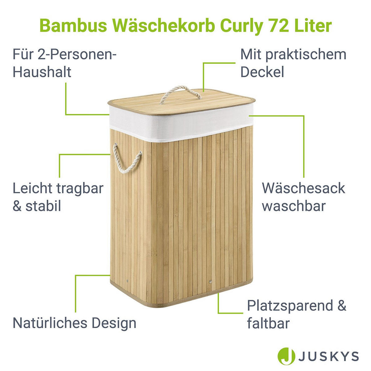 WÄSCHEKORB Curly 72 L natur - Naturfarben, Holz (40/60/30cm) - Juskys