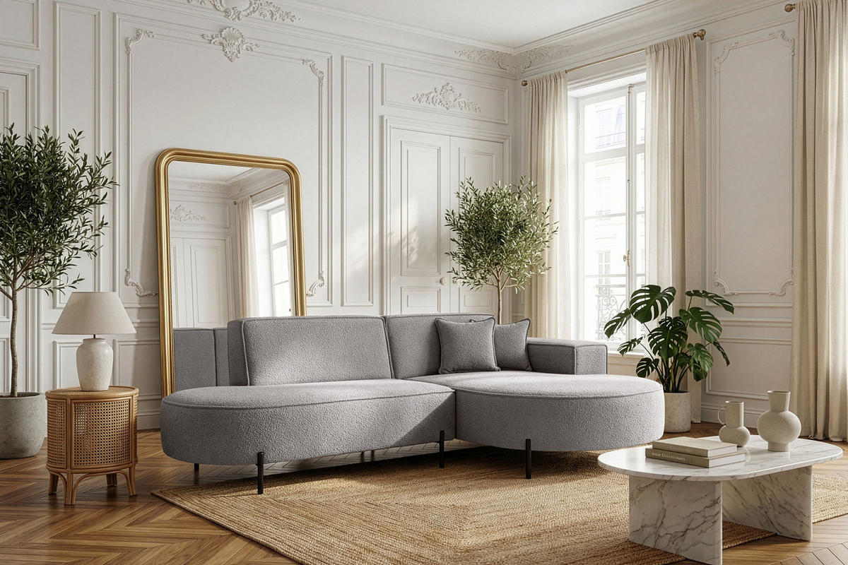 ECKSOFA Hana Loft 3-Sitzer Ecke Rechts, Boucle, Hellgrau 241/80/168 cm - Hellgrau/Schwarz, Textil/Metall (241/168cm) - WFL GROUP