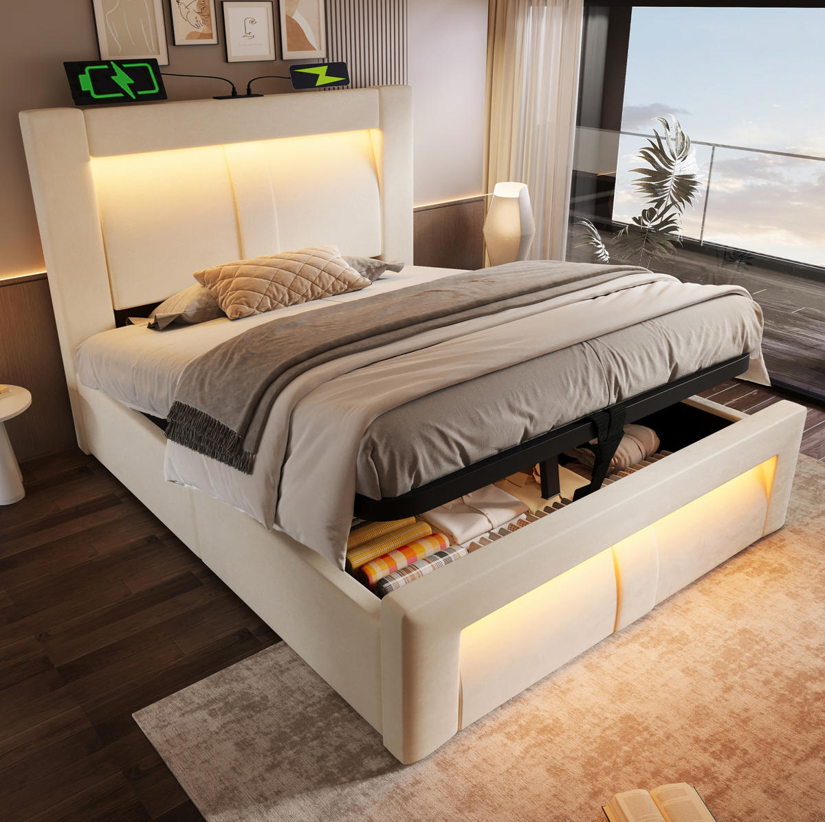 POLSTERBETT 90/200 cm mit Bettkasten, LED, USB- und Type-C-Anschluss, Samt, inklusive Matratze, Beige - Beige, Textil (90/200cm) - Redom