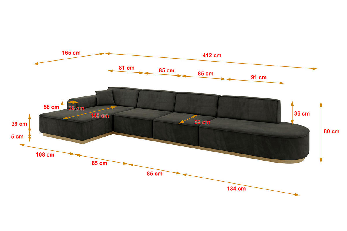 ECKSOFA Ottomane Links IREA-L3-v2 - 412x165x80 cm Schwarz - Schwarz, Holzwerkstoff/Textil (412/165cm) - ALTDECOR