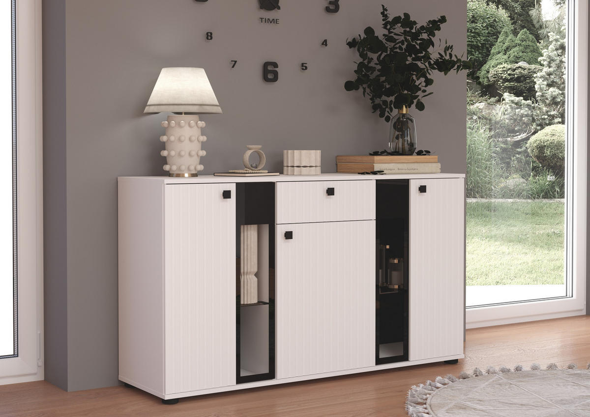 SIDEBOARD Formilo Weiß 140,4/80/40,2 cm – Kommode mit Rillen und Schublade - Weiß, Holzwerkstoff/Kunststoff (140/80/40cm) - AX Living