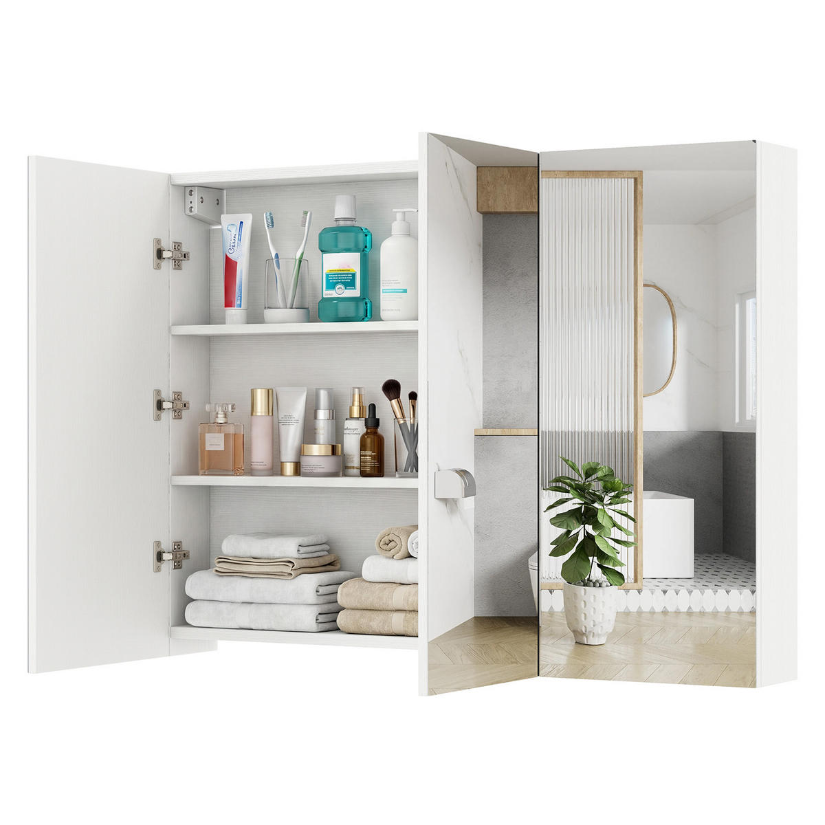BAD-SPIEGELSCHRANK mit 3 Türen weiß - Weiß, Holzwerkstoff (87/12.5/65cm) - COSTWAY