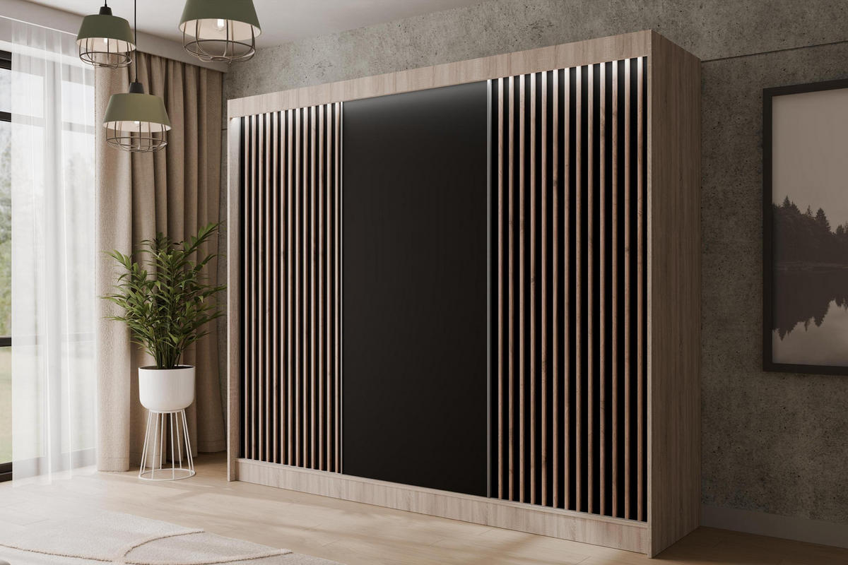 KLEIDERSCHRANK mit LED, Lamel-Schiebetüren VILANv2 - 250 cm Sonoma Eiche + Lamelle Eiche Wotan - Eiche Wotan/Sonoma Eiche, Holzwerkstoff (250/215/61cm) - ALTDECOR