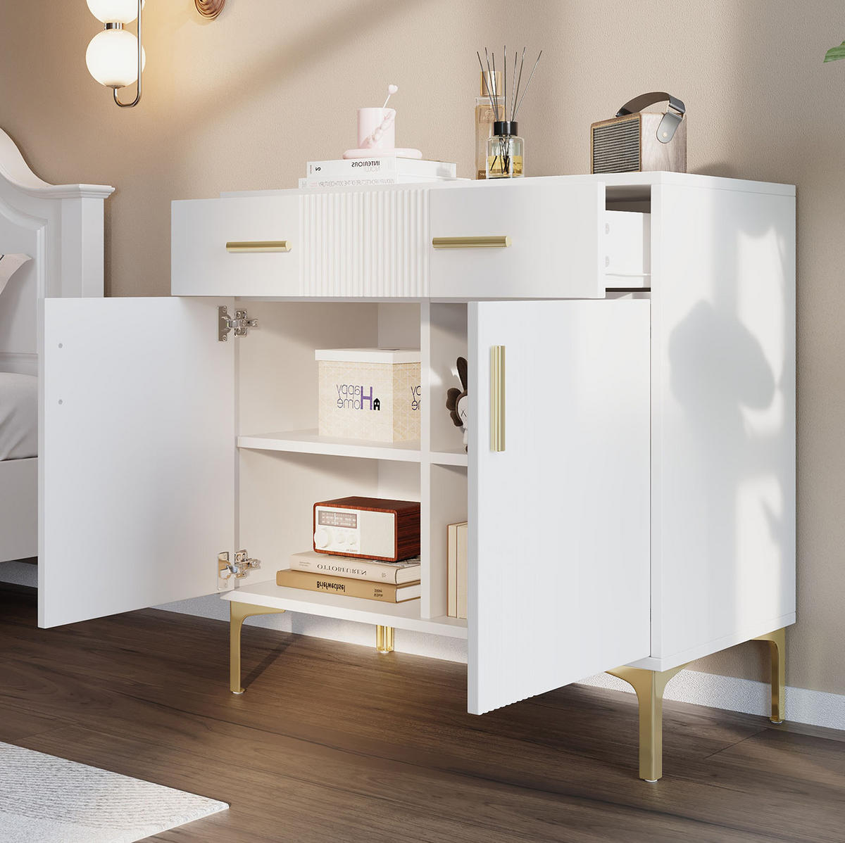 SIDEBOARD in Weiß Kommode mit 2 Türen & 2 Schubladen, mit Metallgriffen und Metallfüßen, B80/T35/H79.5cm - Goldfarben/Weiß, Holzwerkstoff/Metall (80/79.5/35cm) - STILVORA