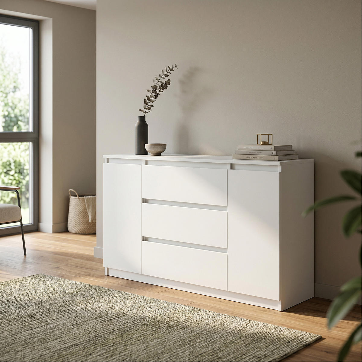KOMMODE NUDO 138,5/78,2/39cm mit 3 Schubladen 2 Türen Weiß - Weiß, Holzwerkstoff (138.5/78.2/39cm) - MASSENO