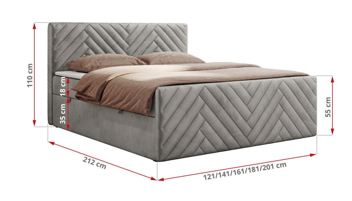 BOXBETT PARIS DUO 140/200 - Hellgrau Velvet - H3 - Hellgrau, Holz/Textil (140/200cm) - MKS