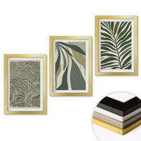 WANDBILDER 3er Set - 20x30 cm Goldrahmen - Blätter mit wellenförmigen grünen Linien - Goldfarben, Kunststoff (20/30cm) - ArtPrintCave