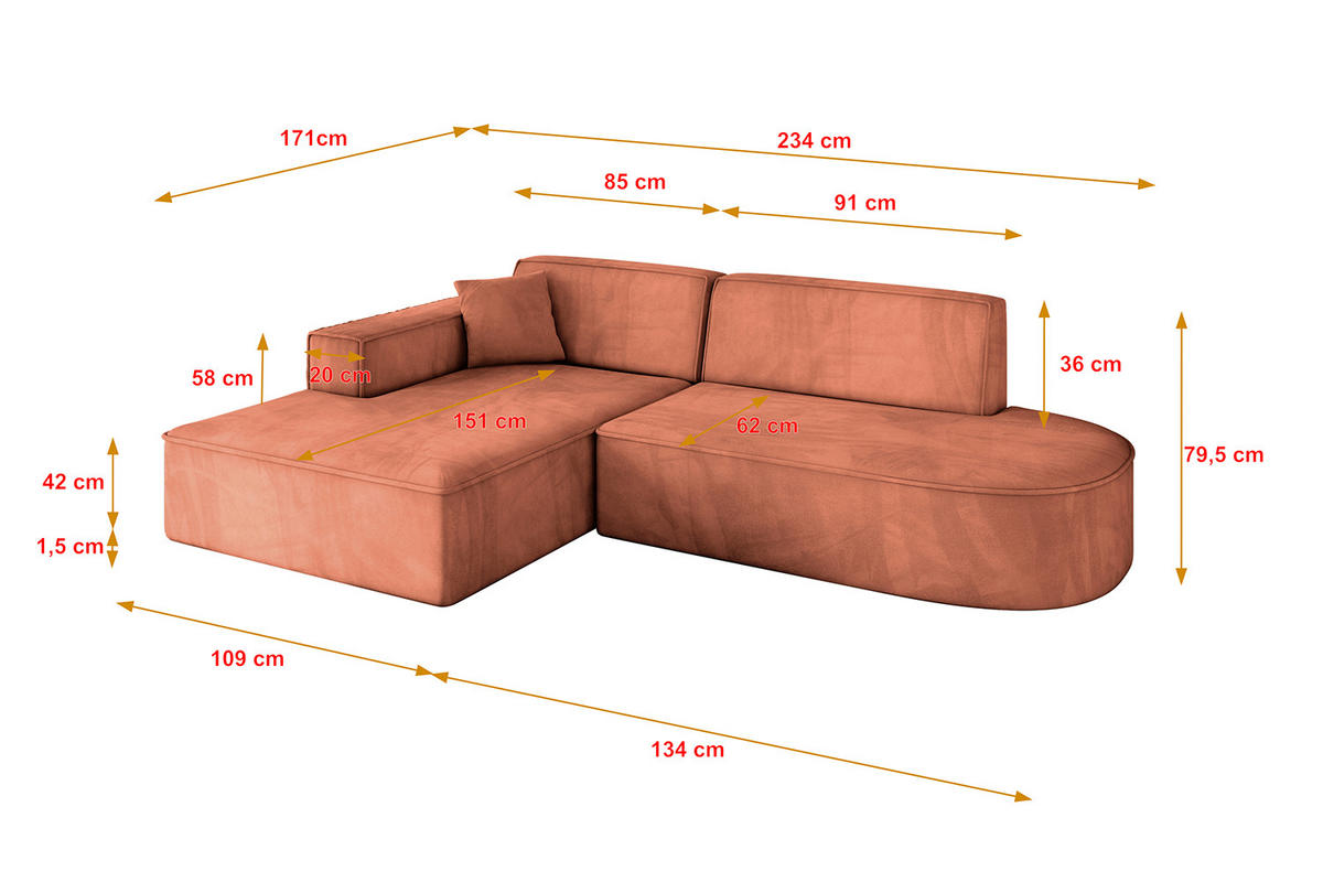 ECKSOFA Ottomane Links IREA-L1-v4 - 234x171x79 cm Apricot - Koralle, Holzwerkstoff/Textil (234/171cm) - ALTDECOR
