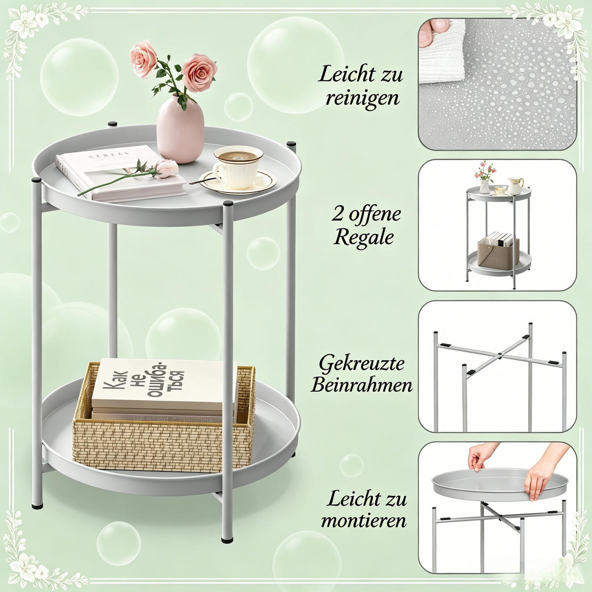 COUCHTISCH 44x44x53cm Runder Beistelltisch Metall-Sofatisch mit abnehmbaren Schalen - Weiß, Metall (50/50/5cm) - Raelunyi