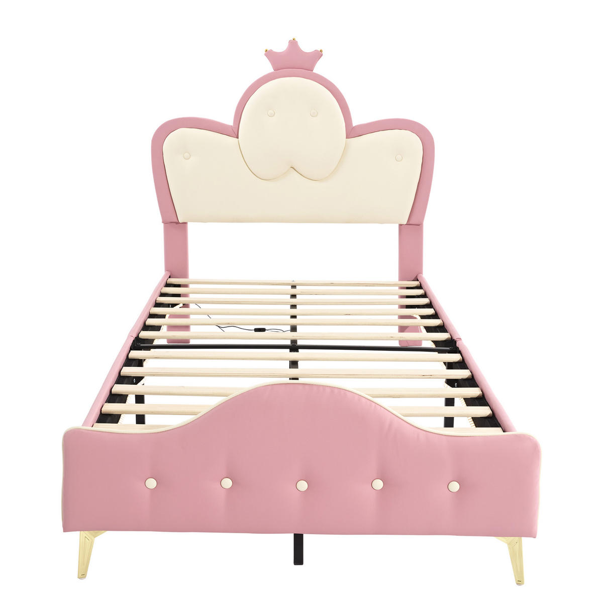 KINDERBETT 90/200 cm mit LED-Lichtleiste, weichen Schutzkanten und Kronen-Kopfteil aus PU, Rosa/Weiß - Weiß, Kunststoff (90/200cm) - Redom