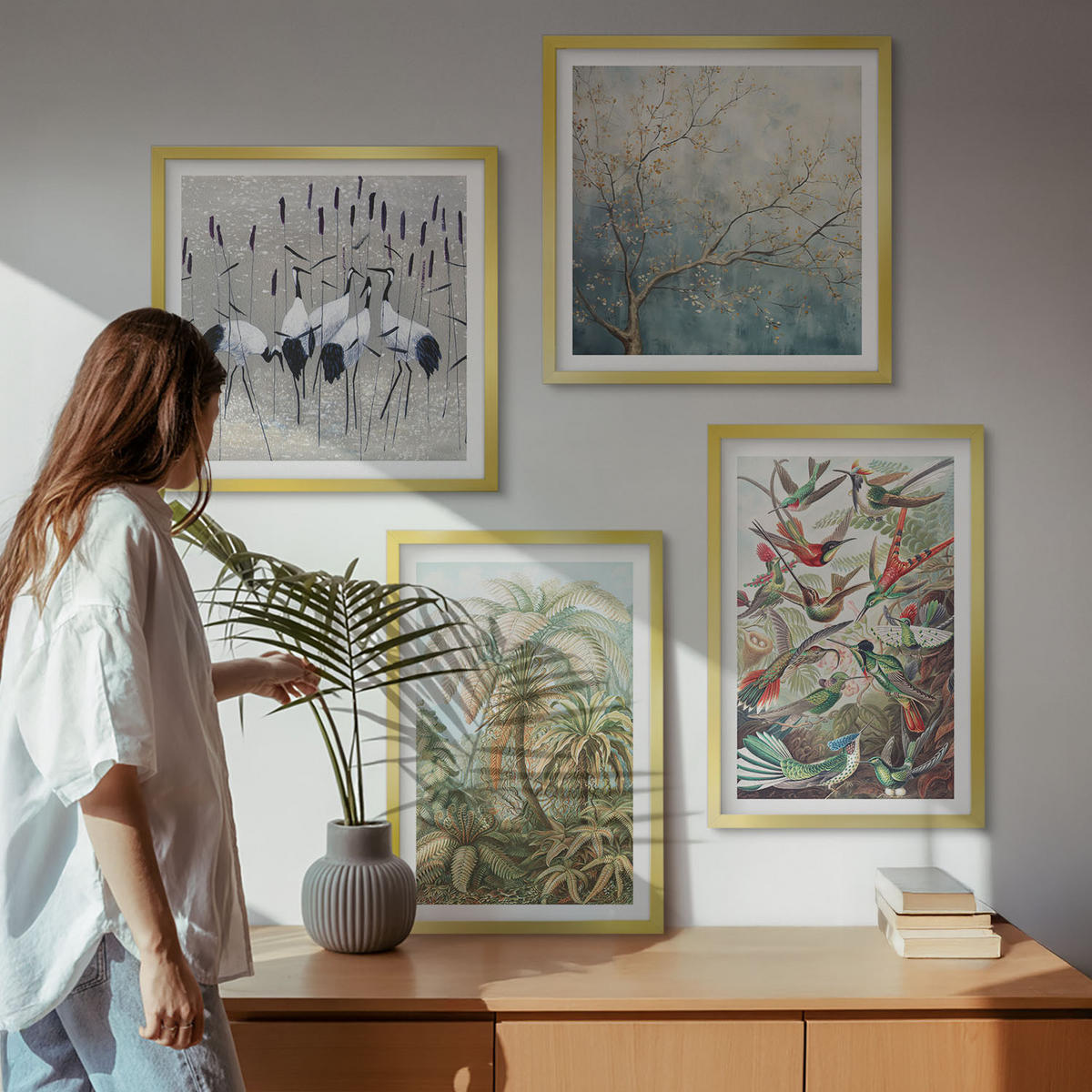 BILDER SET 4er Set - 50x50 cm & 40x60 cm Goldrahmen - Tropische Pflanzen, Vögel, Natur - Goldfarben, Kunststoff (50/50cm) - TULUP