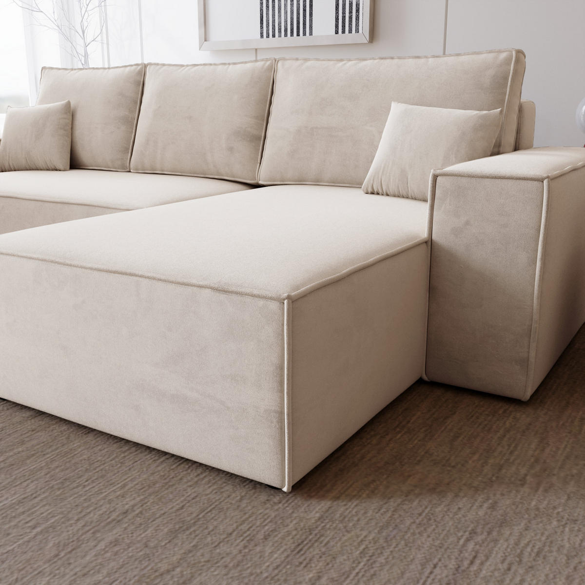 ECKSOFA mit Schlaffunktion Bergamo L 280 cm, Samt, Rechts - Vanille - Ecru, Holz (189/277cm) - Emporius