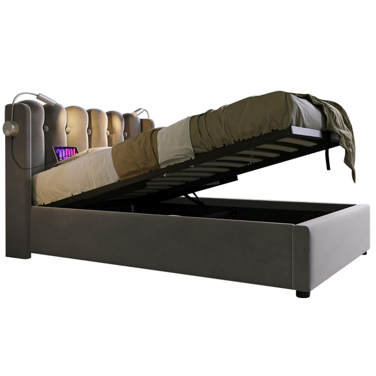 POLSTERBETT 90/200 cm Grau mit Leselicht und Ladefunktion Mit Matratze - Grau, Textil (90/200cm) - OKWISH