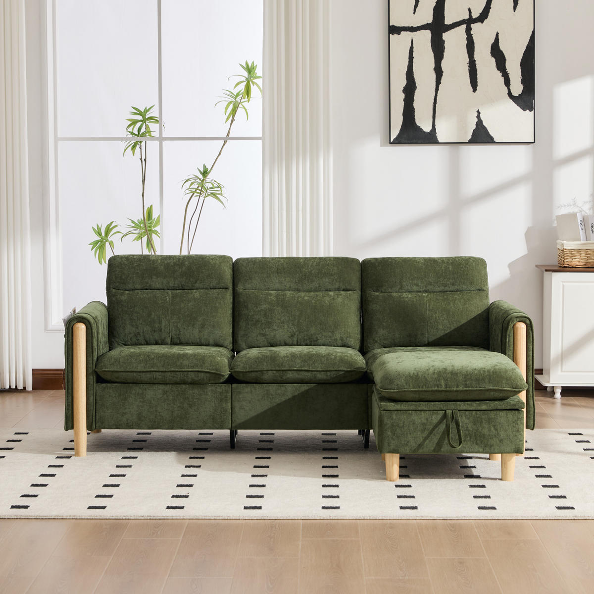 SOFA 201/77/86 cm, 3-sitzig, aus Chenille mit Stauraumhocker - Grün, Textil (77/86/201cm) - Flora Grace