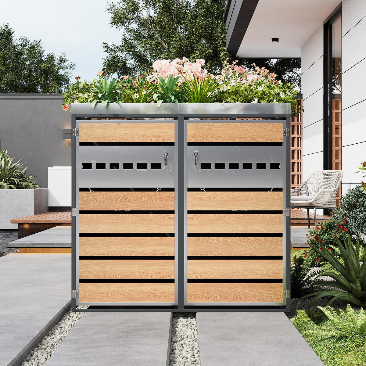 MÜLLTONNENBOX 2 Türen Pflanzfläche Belüftung - Grau, Metall (132/124.5/80cm) - LEBENLANG