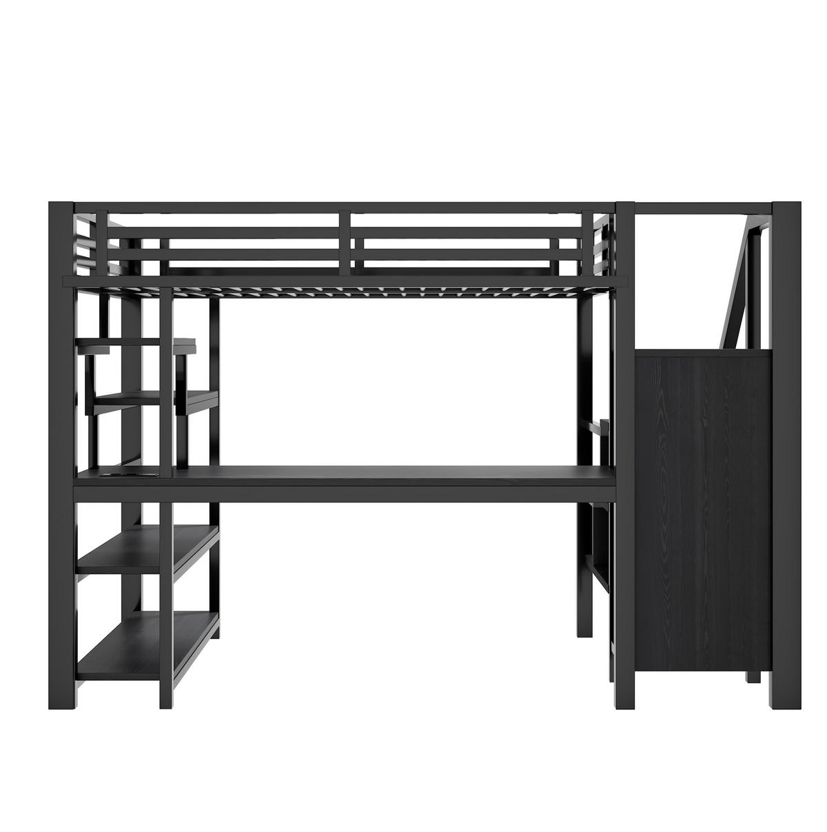 VYSOKÁ postel 200/140/174,5 cm černá s psacím stolem schody a šatní skříní z kovu a MDF - černá, kompozitní dřevo (140/200cm) - OKWISH