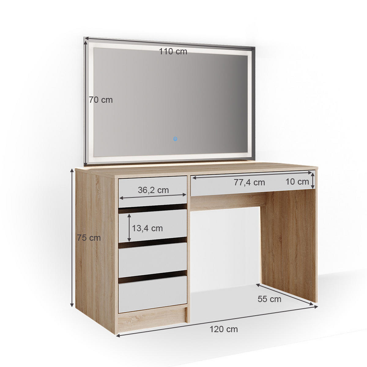 SCHMINKTISCH Sherry Weiß/Sonoma 120 cm mit LED-Spiegel - Weiß/Sonoma Eiche, Holzwerkstoff (120/75/55cm) - Vicco