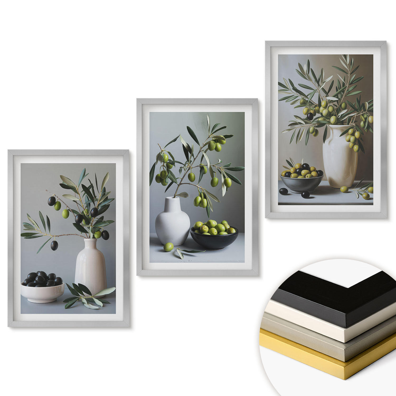 WANDBILDER 3er Set - 40x60 cm Silberner Rahmen - Oliven in schlichten Vasen - Silberfarben, Kunststoff (40/60cm) - ArtPrintCave