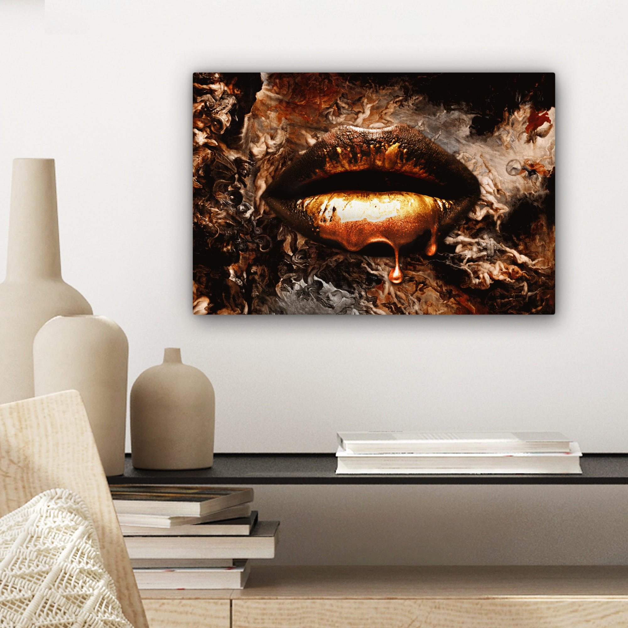 LEINWANDBILD Gold - Lippen - Kunst - Gold - Luxus - Abstrakt 30x20 cm - Kupferfarben, Textil (30/20cm) - MuchoWow