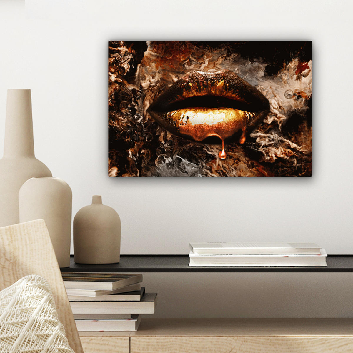LEINWANDBILD Gold - Lippen - Kunst - Gold - Luxus - Abstrakt 30x20 cm - Kupferfarben, Textil (30/20cm) - MuchoWow