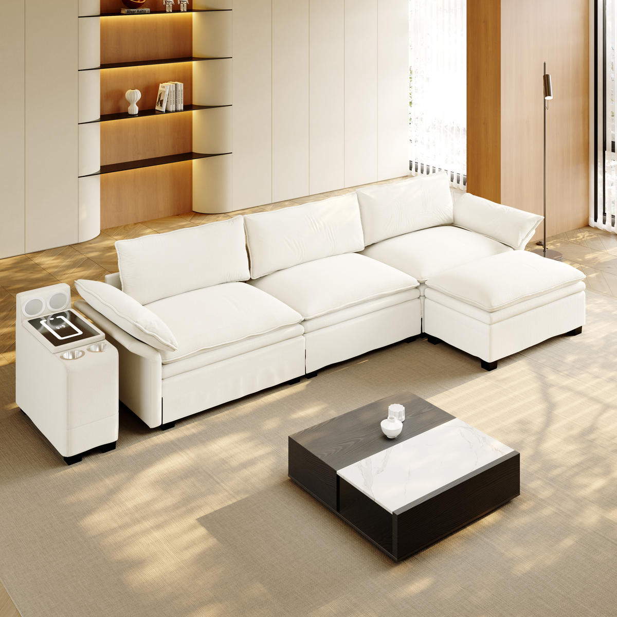 4-SITZER ECKSOFA Chenille Beige mit Stauraum, LED und Bluetooth-Lautsprechern - Beige, Holzwerkstoff/Textil (315/70cm) - WISHDOR