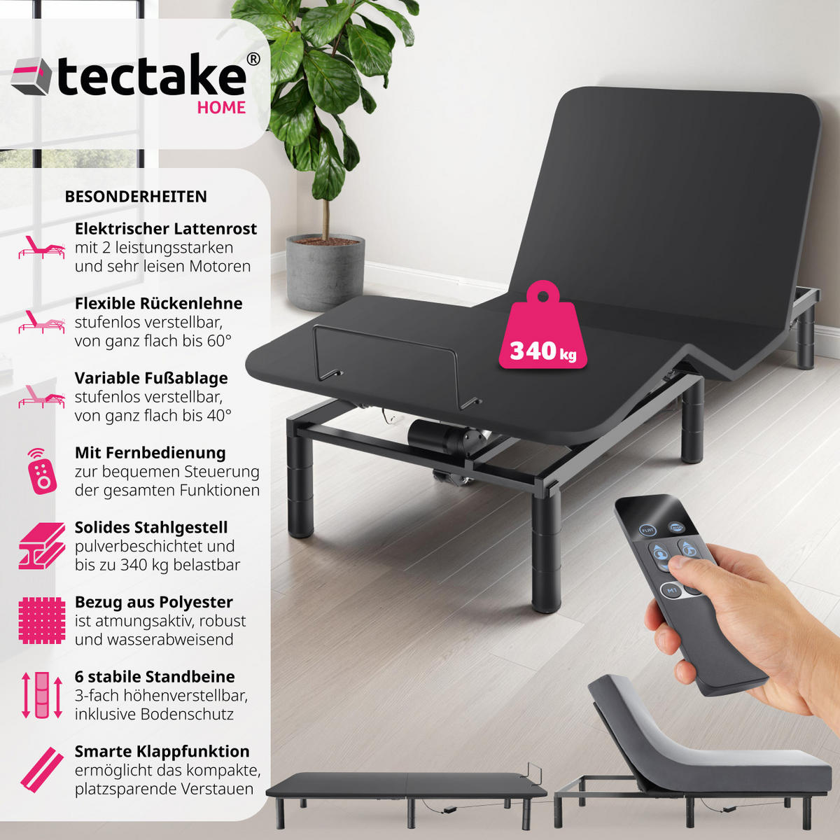 BETTGESTELL mit elektrisch verstellbarem Lattenrost Easy Flex,Polyesterbezug, 90 x 200 x 42,5 cm,anthrazit/schwarz - Anthrazit/Schwarz, Textil - tectake