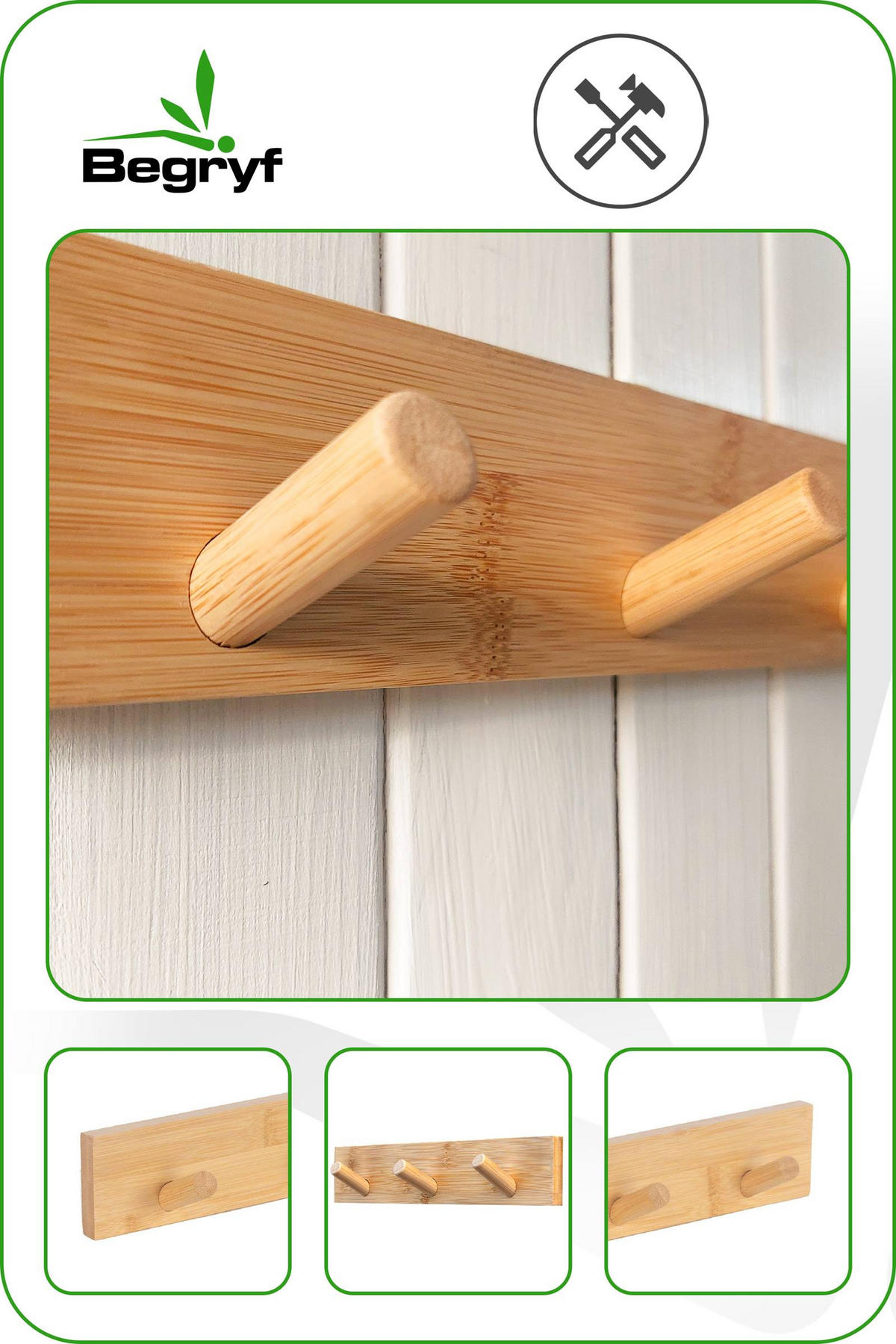 WANDGARDEROBE Bambus Natur 5 Haken 50x1,5x6 cm - Naturfarben, Naturmaterialien (50/5.5/6cm) - Begryf