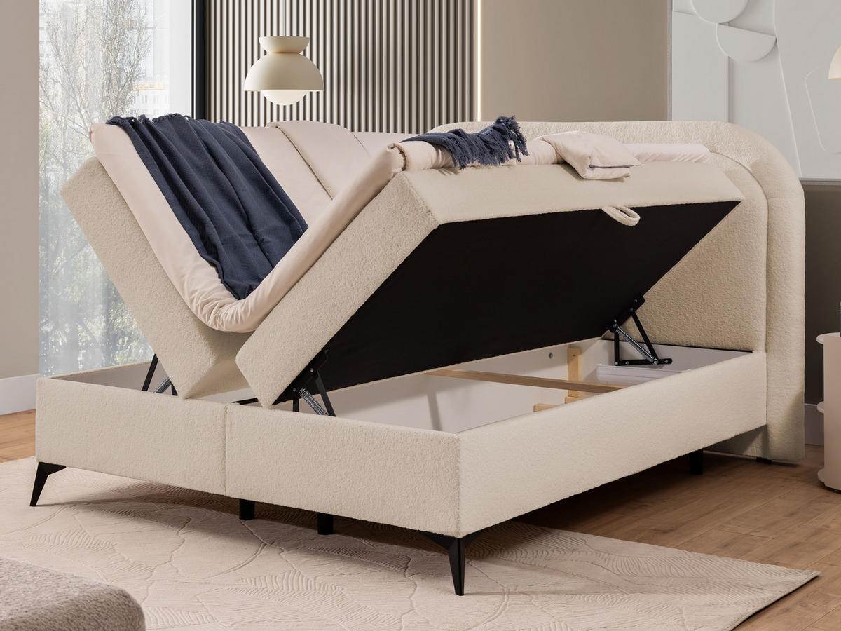 BOXBETT Sonna 160/200 cm Hellbeige Bouclé-Stoff mit abgerundetem Kopfteil und mit schwarzen Metallfüße - Beige/Schwarz, Holz/Textil (160/200cm) - S-Style Möbel