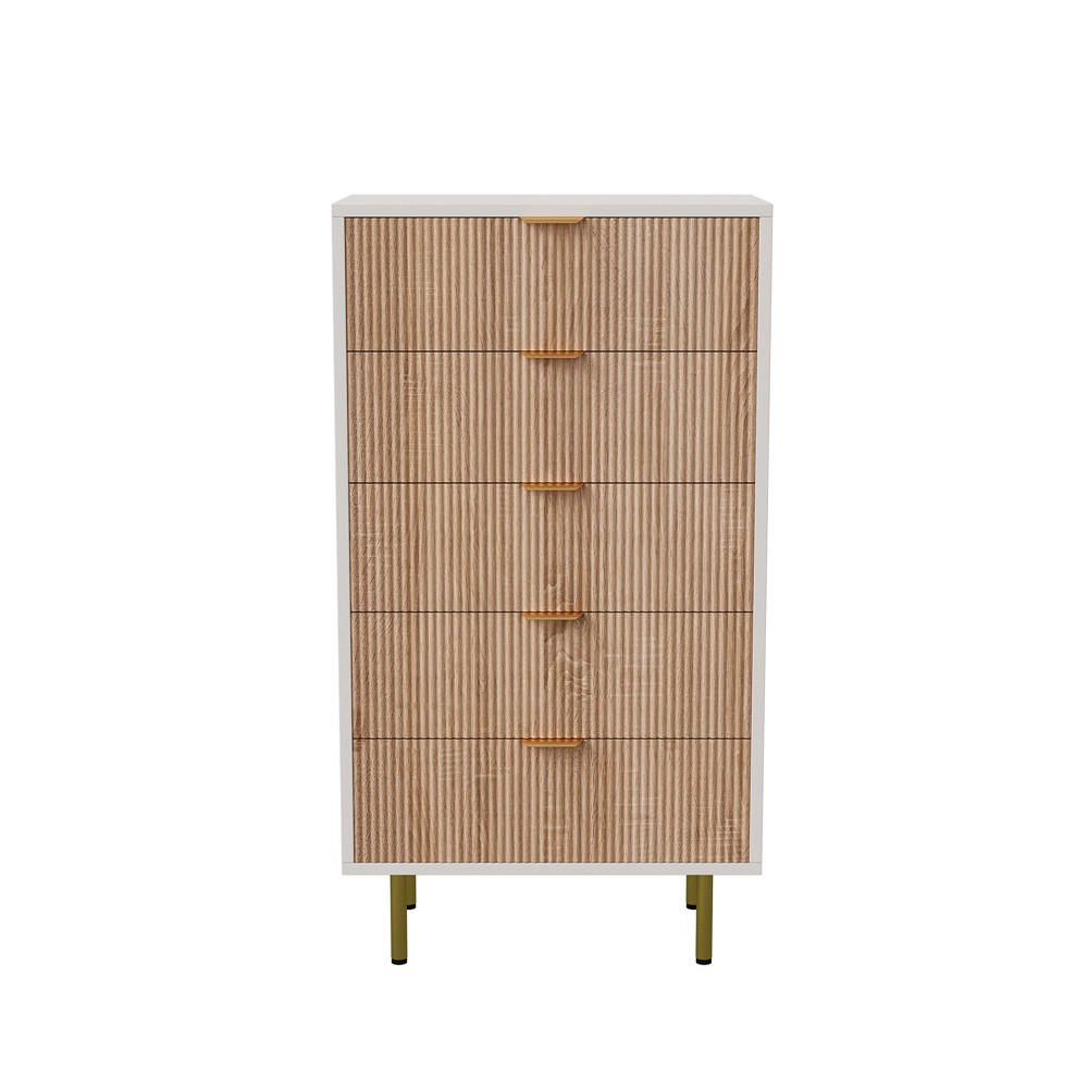 KOMMODE mit 5 Schubladen - vertikale Rillen und goldene Metallbeine - Naturholz und Weiß - Eichefarben, Holzwerkstoff (60/109.8/34cm) - DELFA