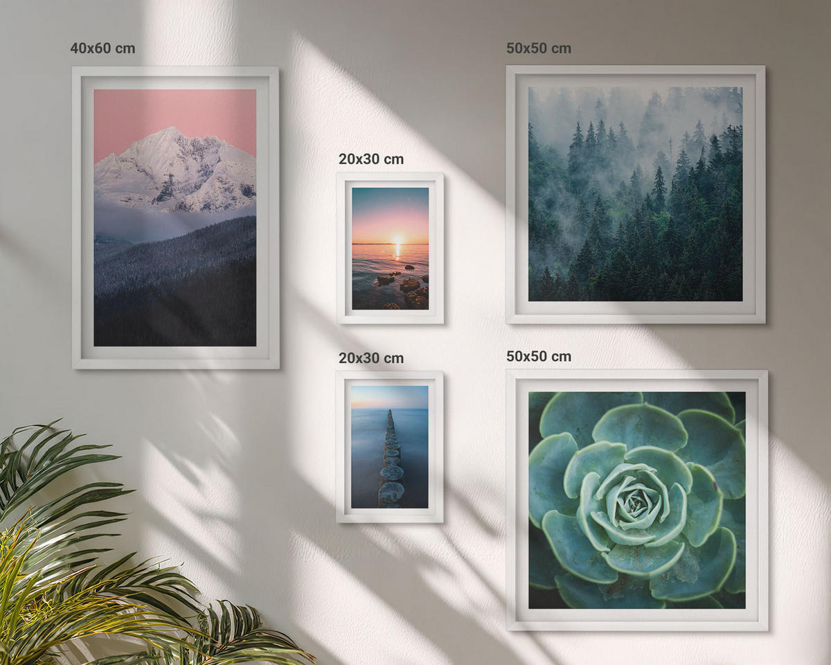 BILDER SET 5er Set - 50x50 cm & 20x30 cm & 40x60 cm Weißer Rahmen - Wasserfälle, Berge, Landschaften, Natur - Weiß, Kunststoff (40/60cm) - TULUP