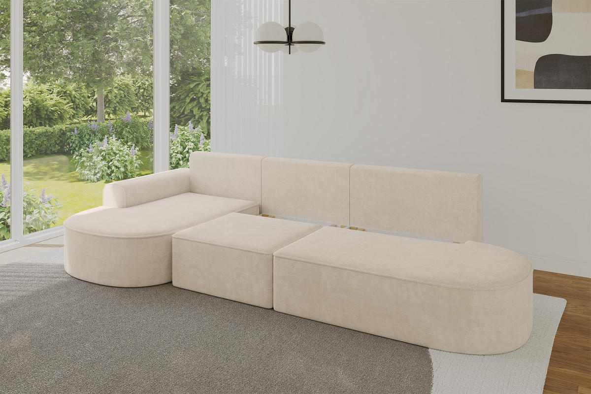 ECKSOFA mit Schlaffunktion Ottomane Links MARI L2-S 368X167X85 Beige Velours - Sandfarben/Schwarz, Holzwerkstoff/Kunststoff (368/167cm) - ALTDECOR