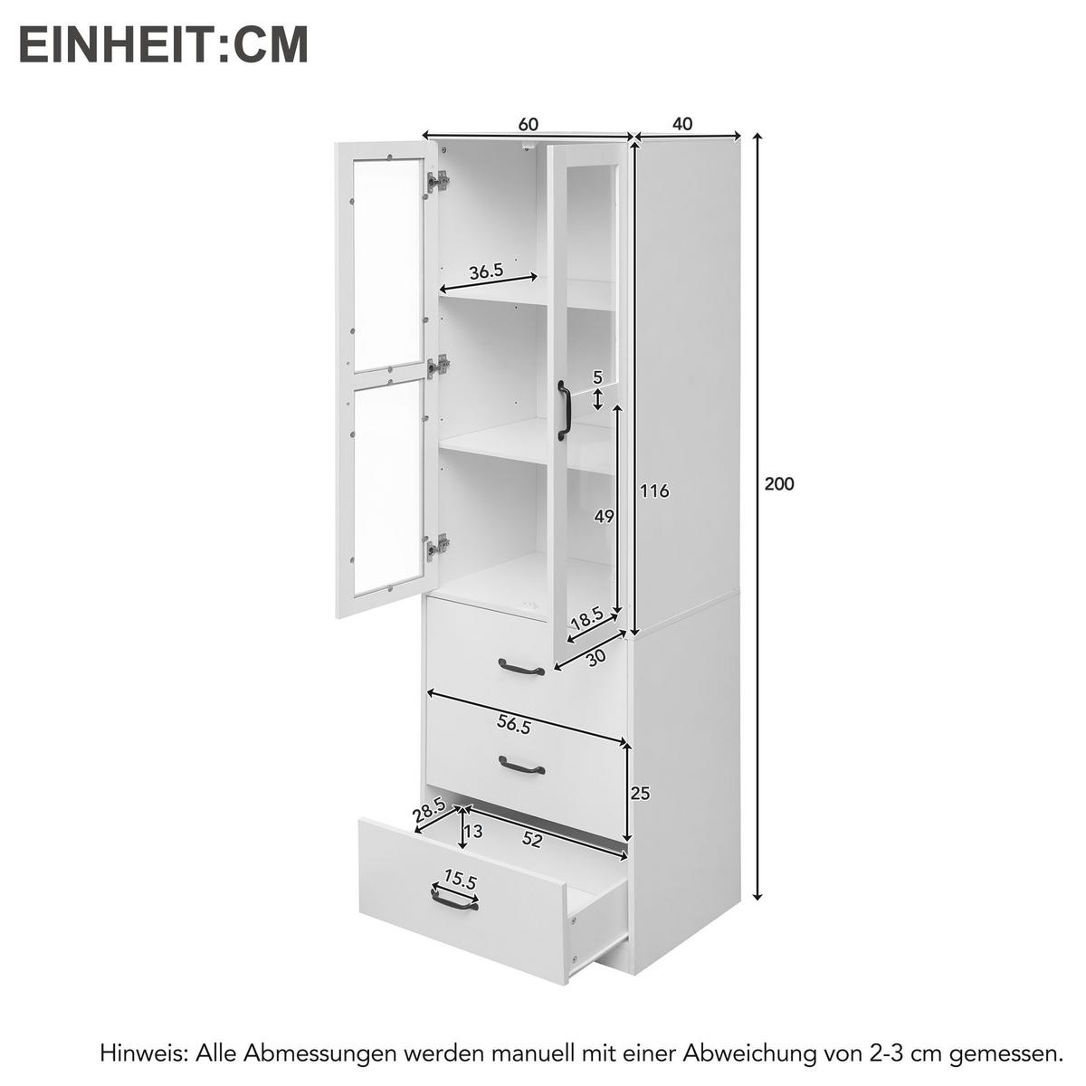 VITRINE 60/40/200 cm weiß aus MDF mit LED und 3 Schubladen - Weiß, Holzwerkstoff (60/200/40cm) - OKWISH