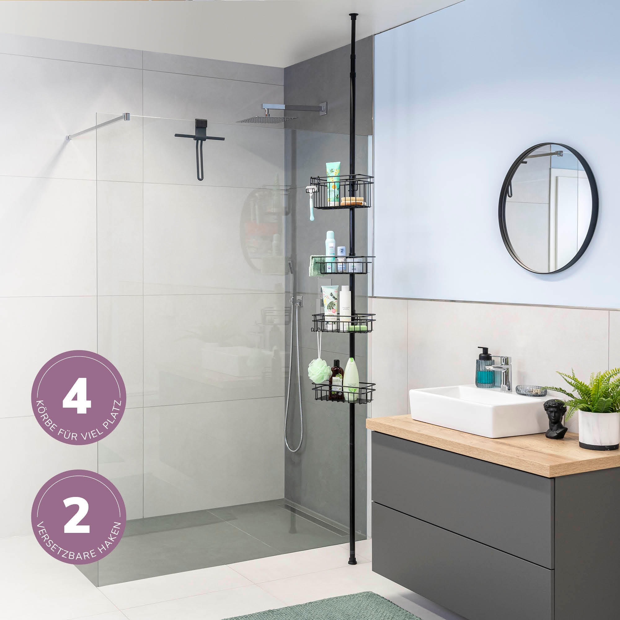 Thumbnail - bremermann Teleskop-Badregal,, Schwarz, Metall, 30x290x30 cm, Badezimmer, Baden & Duschen, Duschablagen