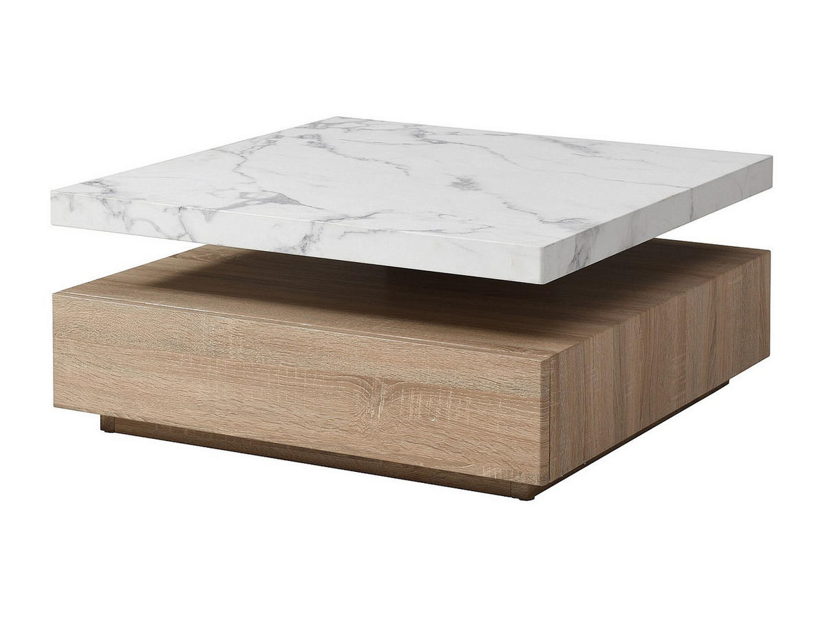 COUCHTISCH drehbar - 1 Schublade - MDF - Marmor-Optik Weiß & Holzfarben - KYRIA - Naturfarben, Holz (80/80/36cm) - Vente-Unique