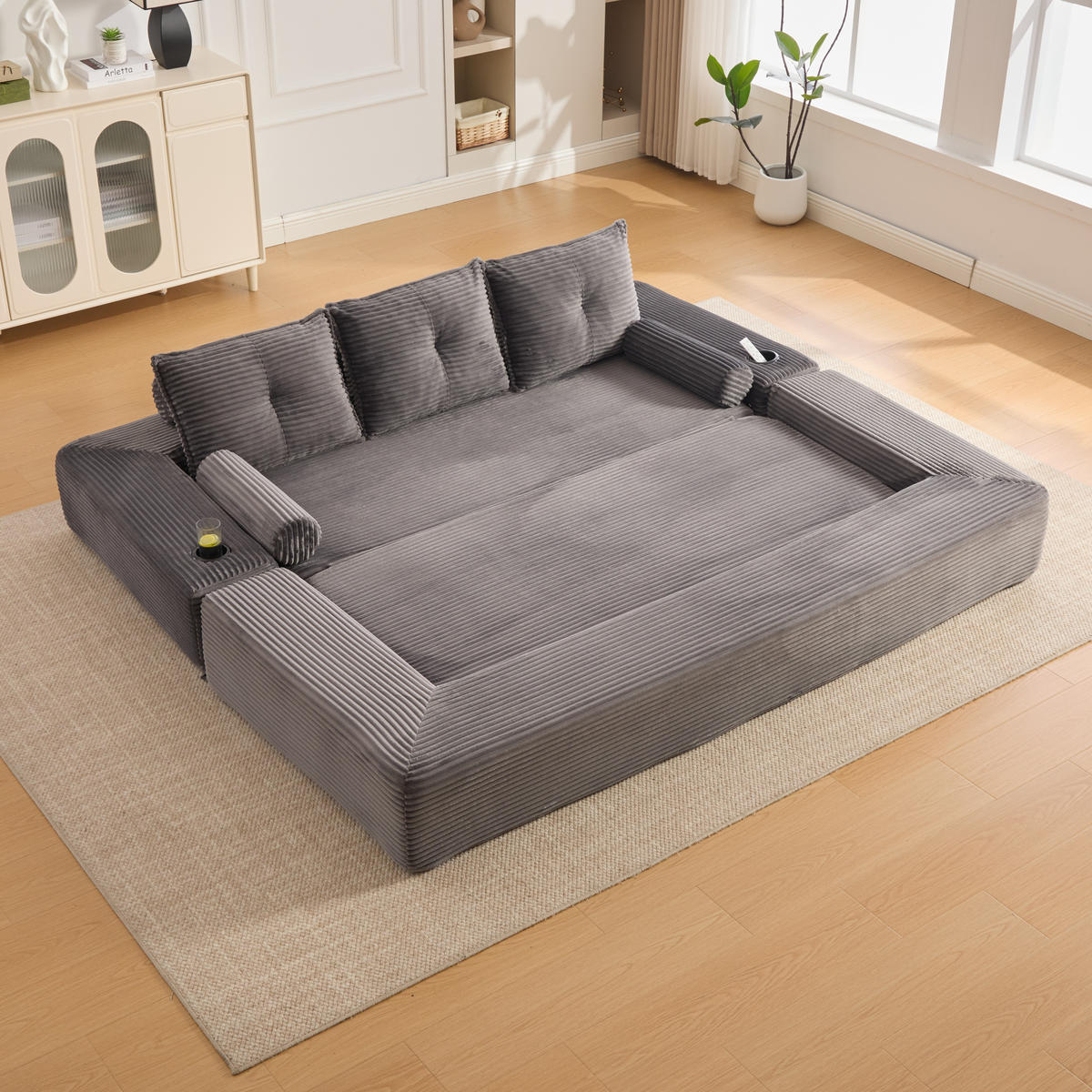 SCHLAFSOFA, 2-in-1 Klappsofa mit Getränkehalter, Modulares Bodensofa Cordstoff, Dunkelgrau - Dunkelgrau, Textil (232/80/98cm) - LVHOM