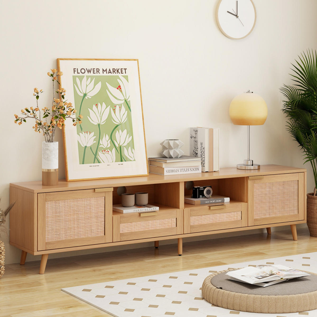 TV Lowboard Rattan, viel Stauraum, Holz - Braun, Holz (200/48/37cm)