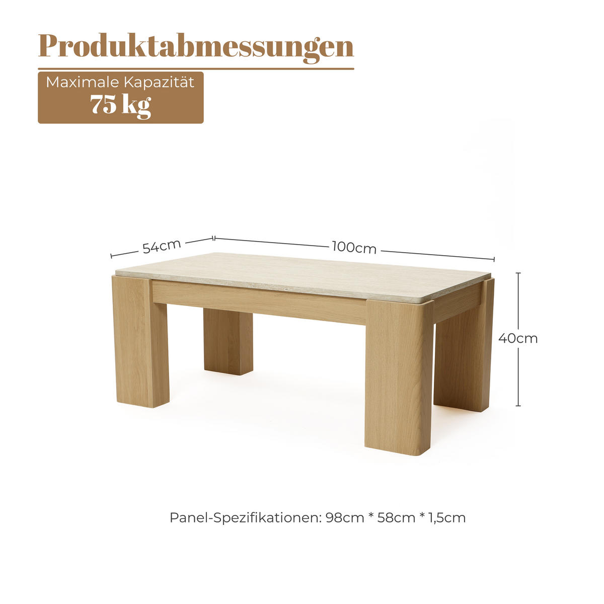 COUCHTISCH Holz mit Marmor Optik & Travertin-Optik, 100 × 54 × 40 cm - Eichefarben, Holzwerkstoff (54/100/40cm) - Hometopia